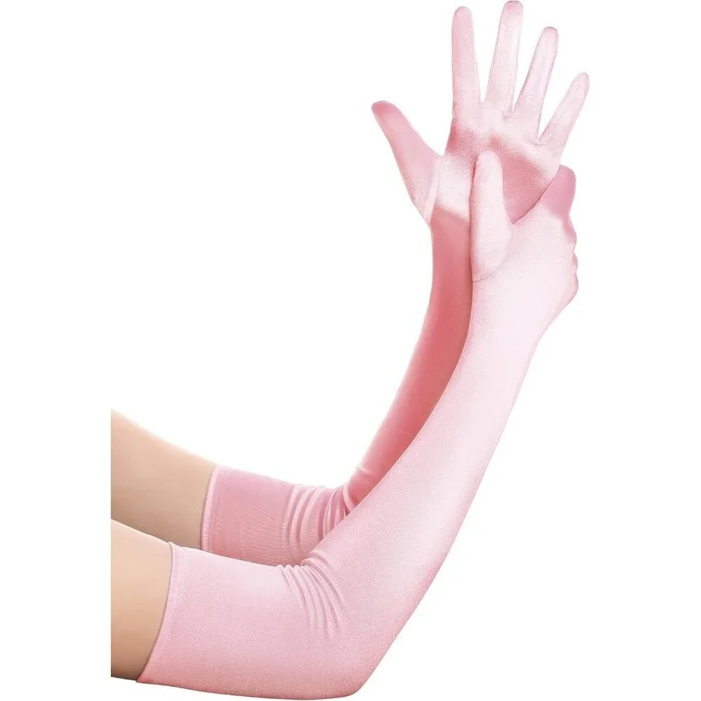 Women's Pink Vintage Satin Long Gloves Party Costume Stretchy Elbow Length
